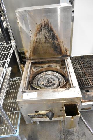 American Range stainless steel commercial gas single burner range, visible wear and marks, model identification tag present.
