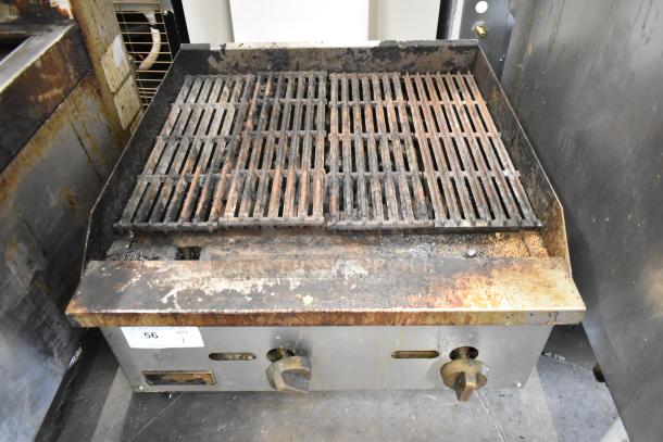 Copper Beech stainless steel gas charbroiler grill, used condition, visible stainless steel knobs, countertop model.