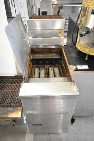 Pitco Frialator SG14 stainless steel deep fryer, natural gas, 110,000 BTU, with side splash guard, visible wear.