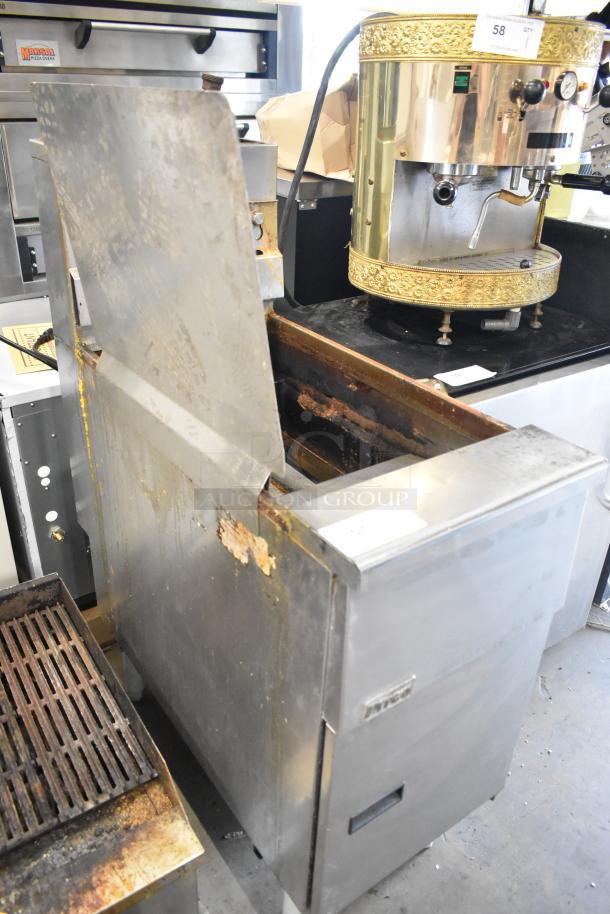 Pitco Frialator SG14 stainless steel commercial deep fat fryer, natural gas, 110,000 BTU, with side splash guard; visible wear.