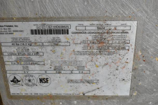 Pitco Frialator SG14 deep fryer label, 110,000 BTU, natural gas, stainless steel, serial G11HD038625, NSF certified.