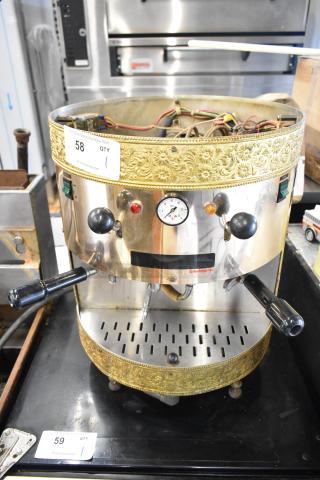 Grindmaster 2100Q Espressimo commercial espresso machine with 2 portafilters, steam wand, gold trim, 208/240V, 1 phase.