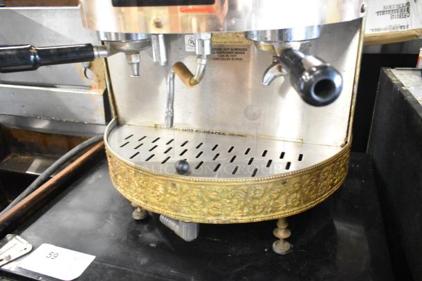 Grindmaster 2100Q Espressimo 2-group espresso machine with portafilters and steam wand, ornate metal detailing, used condition.