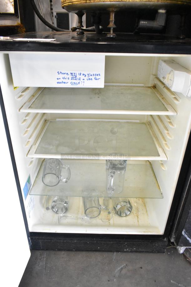 Summit SCFF55BBI undercounter freezer, metal single door, visible glass shelves, 115V, 1 Phase, interior note about glass storage.