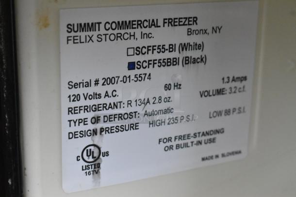Summit SCFF55BBI undercounter freezer label, 115V, 1 Phase, 3.2 cu. ft., automatic defrost, made in Slovenia, serial #2007-01-5574.