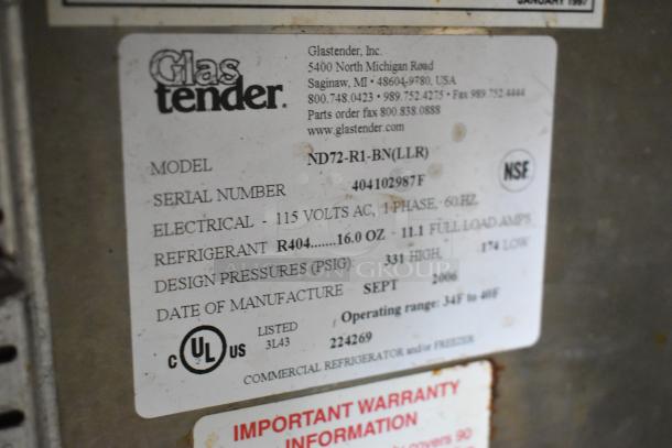 Label on Glastender ND72-R1-BN(LLR) commercial cooler showing model, serial number, and electrical specifications.