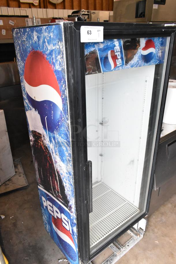 True GDM-12 commercial cooler, single glass door, metal frame, Pepsi branding, 115 volts, 1 phase, light wear.