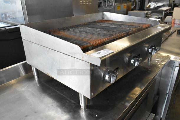Atosa stainless steel gas charbroiler grill, commercial countertop model, features knobs and grates, in used condition.
