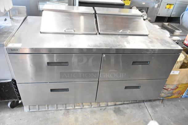 Delfield UCD4464N-12-DD5 stainless steel prep table with bain marie top, 4 drawers, 115V, 1 Phase. Excellent condition.