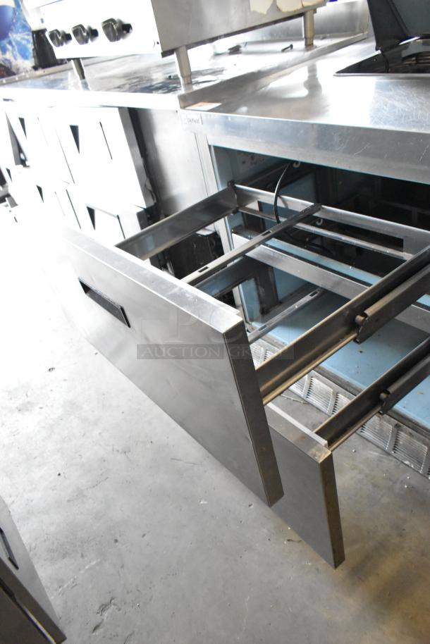 Delfield UCD4464N-12-DD5 stainless steel prep table with open drawer, used condition, commercial, 115V, 1 phase.