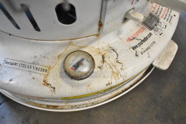 Dura Heat DH-D kerosene heater, floor style, white with rust marks, visible fuel gauge, serial# 1721AFV01269.