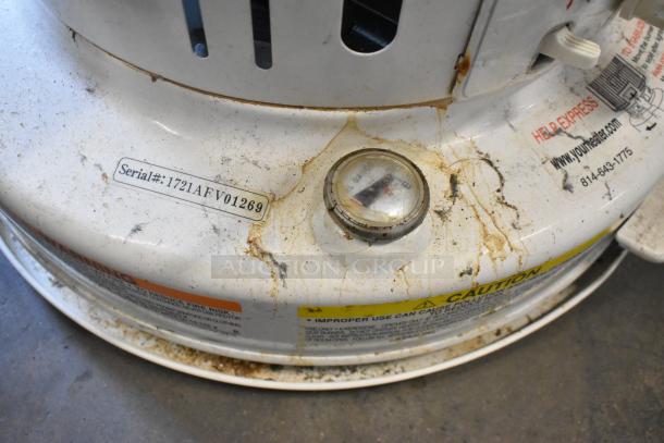 Dura Heat DH-D kerosene heater, worn condition, clear labels, serial #1721AFV01269, metal casing, floor style design.