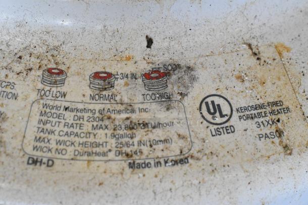 Label of Dura Heat DH-D kerosene heater showing model DH 2304, input rate 23,800 BTU/hour, and UL listing.