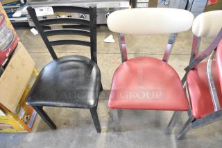 Set of 10 metal dining chairs, featuring black with black seat and chrome with red seat. Mixed condition. Auction tag visible.