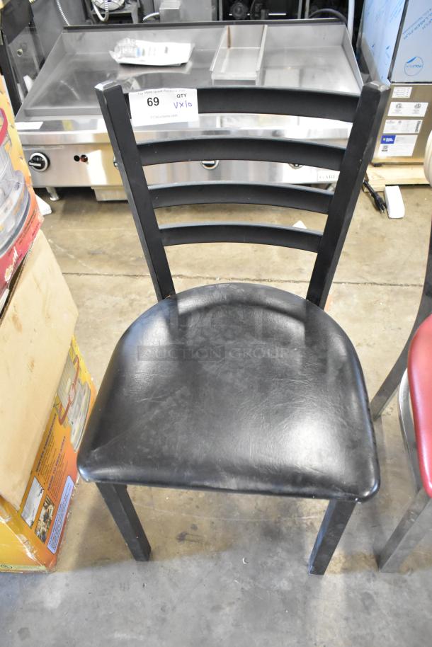 10 metal dining height chairs, includes black with black cushion and chrome with red cushion; 10 times your bid.