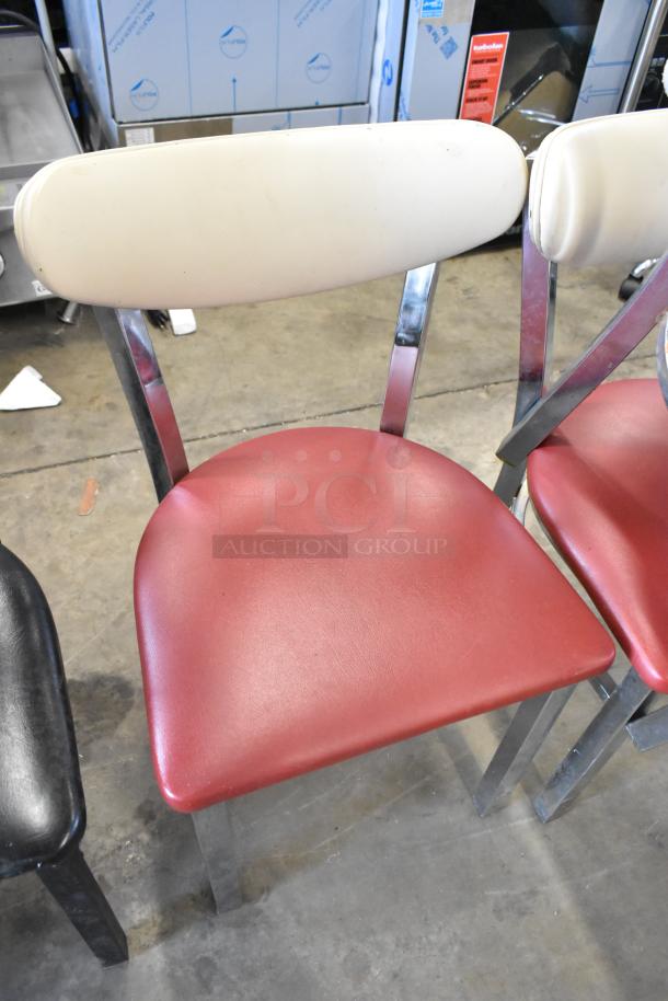 10 metal dining height chairs, including black with black seat cushion and chrome with red seat cushion. Auction item.