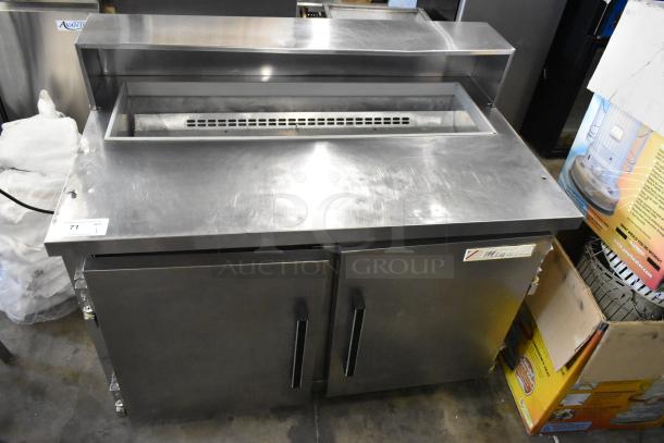 Migali CA-4-12 stainless steel commercial prep table, missing lid. Features Bain Marie top, 115V, 1 phase, good condition.