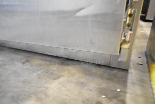 Migali CA-4-12 stainless steel sandwich prep table, missing lid, 115V, 1 Phase. Appears worn with visible scuffs.