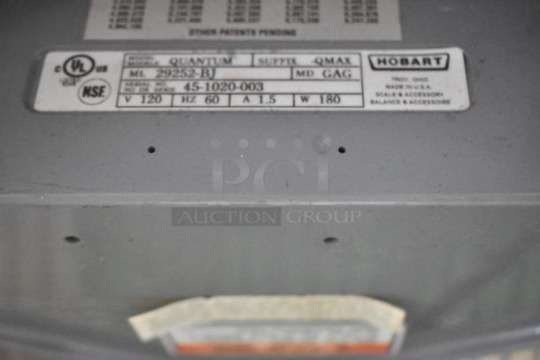 Hobart 29252-BJ Quantum Metal Commercial Scale, 120V, 1 Phase. UL, NSF labels visible, model and serial numbers shown.