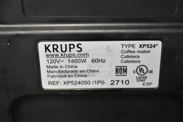 Krups XP524 Espresso Machine label, showing 120V, 1460W, Made in China, model XP524, UL Listed, with website and certifications.