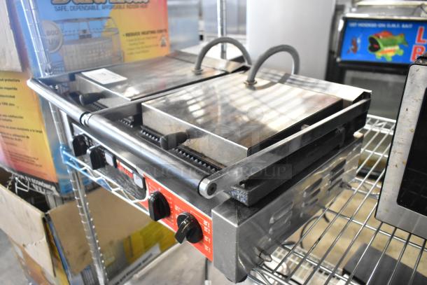 Sirmann stainless steel double panini press, commercial countertop model, 208 volts, 1 phase, excellent condition.