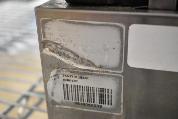 Sirmann stainless steel commercial double panini press, 208 volts, 1 phase. Worn label with barcode and product code.
