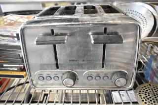Hamilton Beach 4-slot metal toaster with defrost, cancel, and bagel settings. Visible wear, 115V, 1 Phase.