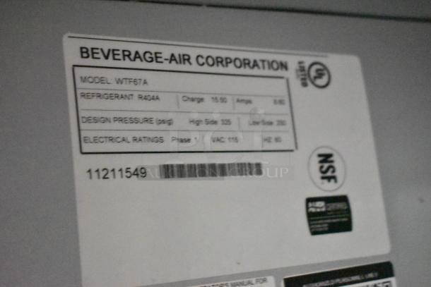 Beverage Air WTF67A commercial work top freezer label, showing model, refrigerant type, design pressure, and electrical ratings.