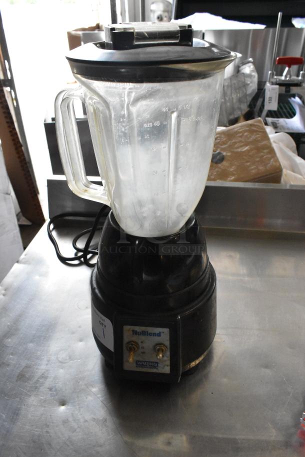 Waring NuBlend BB180 metal countertop blender with pitcher, black base, 120 volts, visible control panel, used condition.