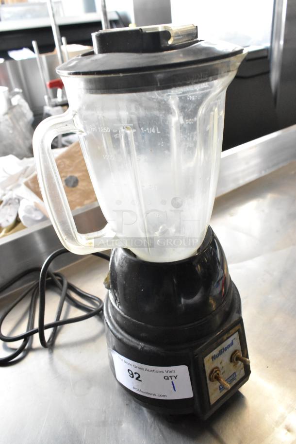 Waring NuBlend BB180 Metal Countertop Blender with pitcher, 120 volts, used condition, model label visible, two control switches.