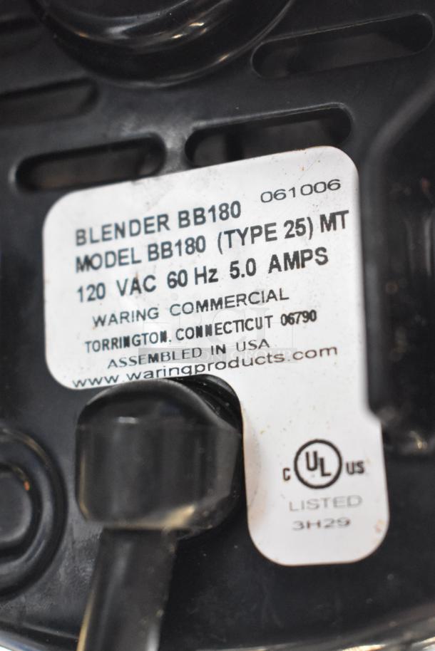 Waring NuBlend BB180 metal countertop blender label, showing model number, voltage, and assembly details.