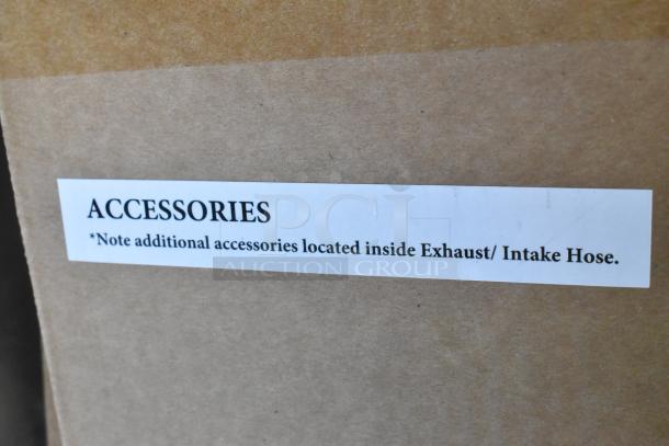 Cardboard box with label "ACCESSORIES," indicating additional items inside the exhaust/intake hose. Part of Whynter ARC-14S unit.