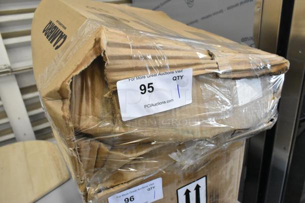 Cardboard box of Cambro CLRSB9148 lids, speckled white, 240 count, marked as scratch and dent. Box shows damage. Quantity label "95".