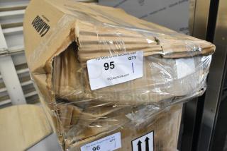 Cardboard box of Cambro CLRSB9148 lids, speckled white, 240 count, marked as scratch and dent. Box shows damage. Quantity label "95".