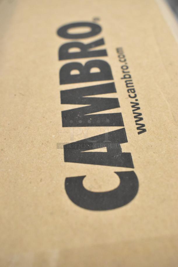 Cardboard box displaying Cambro branding. Contains brand new, scratch, and dent Cambro CLRSB9148 Shoreline Collection Camlid, speckled white, 240 per case.