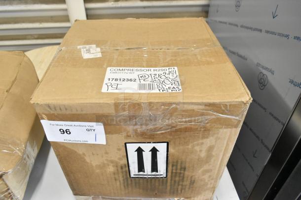 Brand new Avantco 17812362 compressor, 115V R-290, in original box. Minor scratches/dents visible. Compatible with specific models.