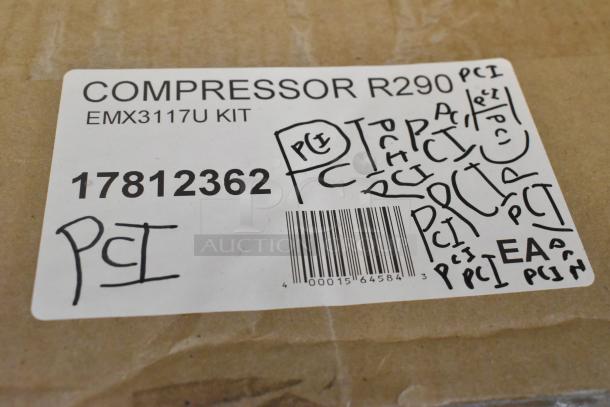 Brand new Avantco 17812362 compressor for specific A and SS series units, 115V, R-290. Box label shows model and PCI marking.