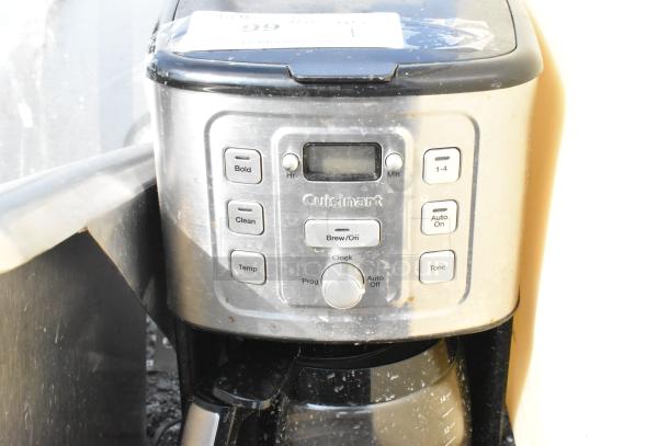 Cuisinart countertop coffee machine with coffee pot, stainless steel finish, programmable controls, 120 volts, 1 phase.