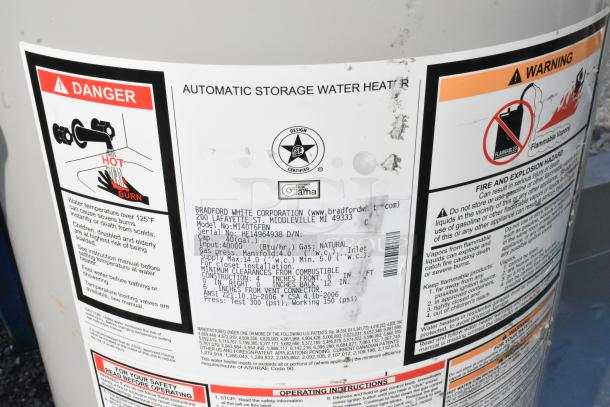 Bradford White MI40T6FBN water heater, commercial gas-powered, 40-gallon, automatic storage, visible safety labels.