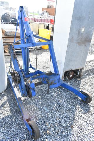 Morse 400-72 Hydra Lift Karrier, 800 lb capacity, metal frame, used, visible chains and wheels, blue finish.