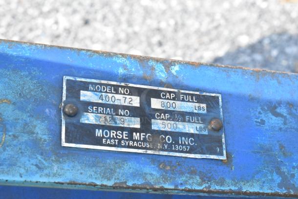 Morse 400-72 Metal Hydra Lift Karrier, 800 lb capacity, worn blue finish, serial 1279, manufacturer label visible.