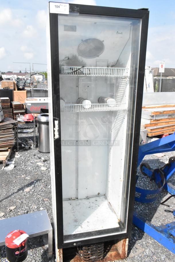 Avanti BCAD353 single door reach-in cooler merchandiser, metal, 115V, showing interior shelves and some exterior wear.