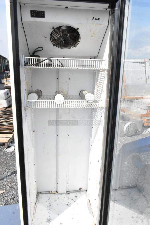 Avanti BCAD353 commercial single-door cooler merchandiser, metal, interior fan, shelves, 115 volts, used condition.
