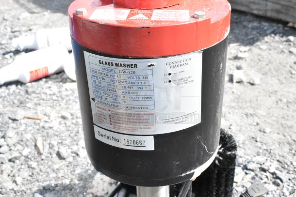 Adcraft GW-120 Redhead Glass Washer, 120 volts, 1 phase, visible serial number 1820667, connection diagram, and warnings.