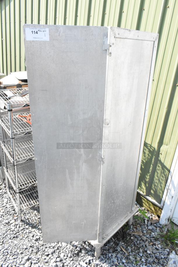 Lockwood metal commercial enclosed pan rack with a faulty door. Visible wear noted. Ideal for commercial kitchen use.