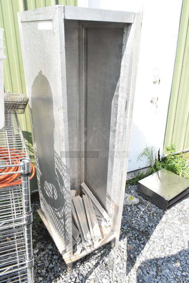 Lockwood metal commercial enclosed pan rack, grey, with visible wear. Door does not stay closed. Includes interior racks.