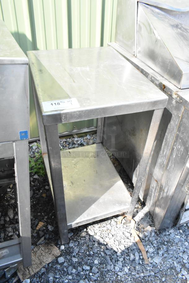 Metal table with under shelf, stainless steel, moderate wear, visible label with item number 118.