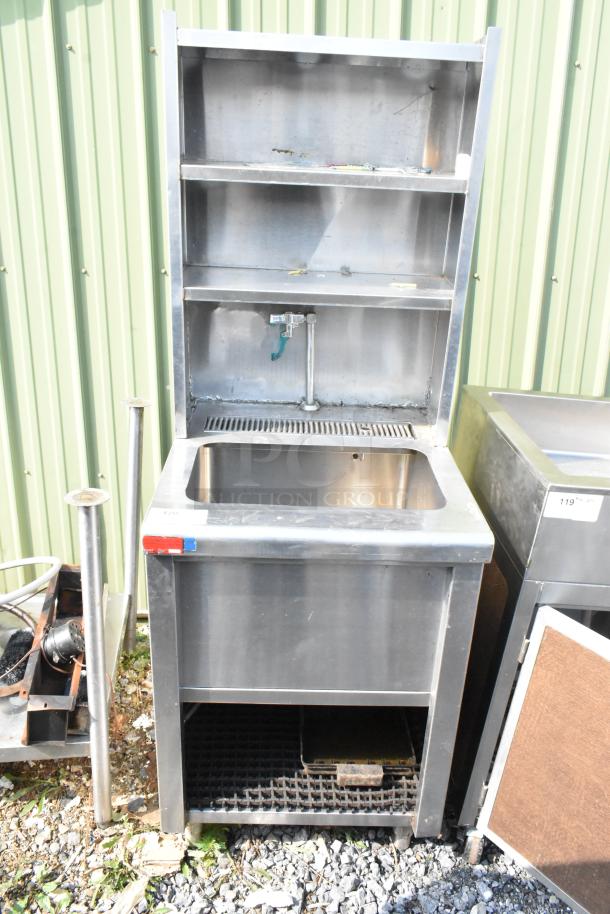 Stainless steel single bay sink with water dispenser, featuring a two-tier over shelf and under shelf. Good condition.