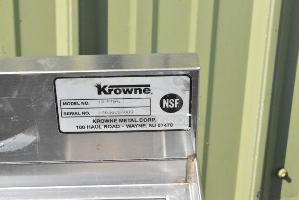 Krowne 18-12IBL stainless steel ice bin, single bay. Features label with model, serial number, and NSF certification.