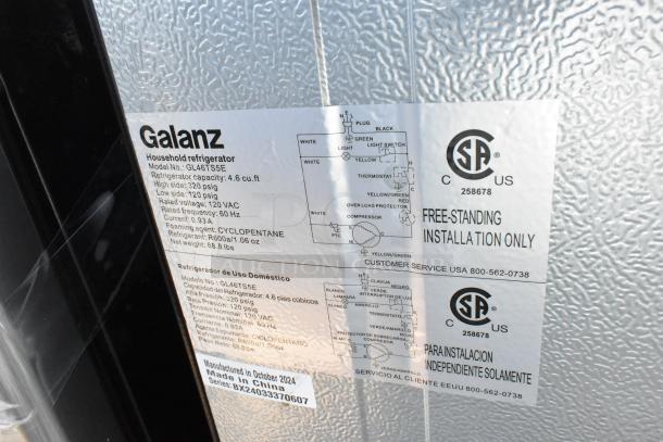 Label on Galanz GL46TS5E mini cooler; 4.6 cu. ft. capacity, 120 VAC, freestanding installation, manufactured October 2024.